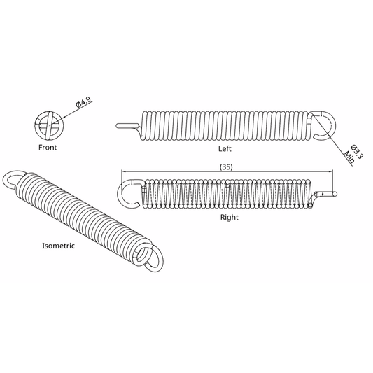 Technical drawing of 288.821.526 4.9mm Stainless Extension Spring with measurements and views labeled