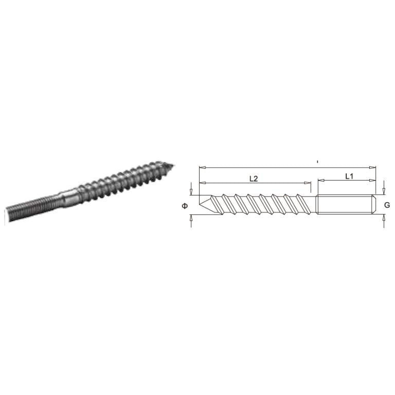 Dual threaded Screw with a technical drawing on a white background.