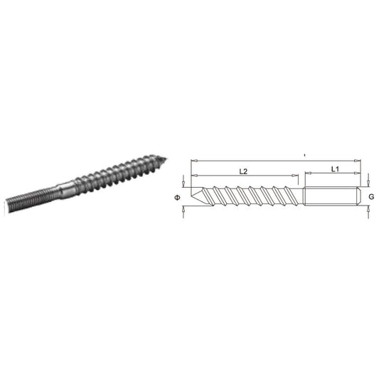 Dual threaded Screw with a technical drawing on a white background.