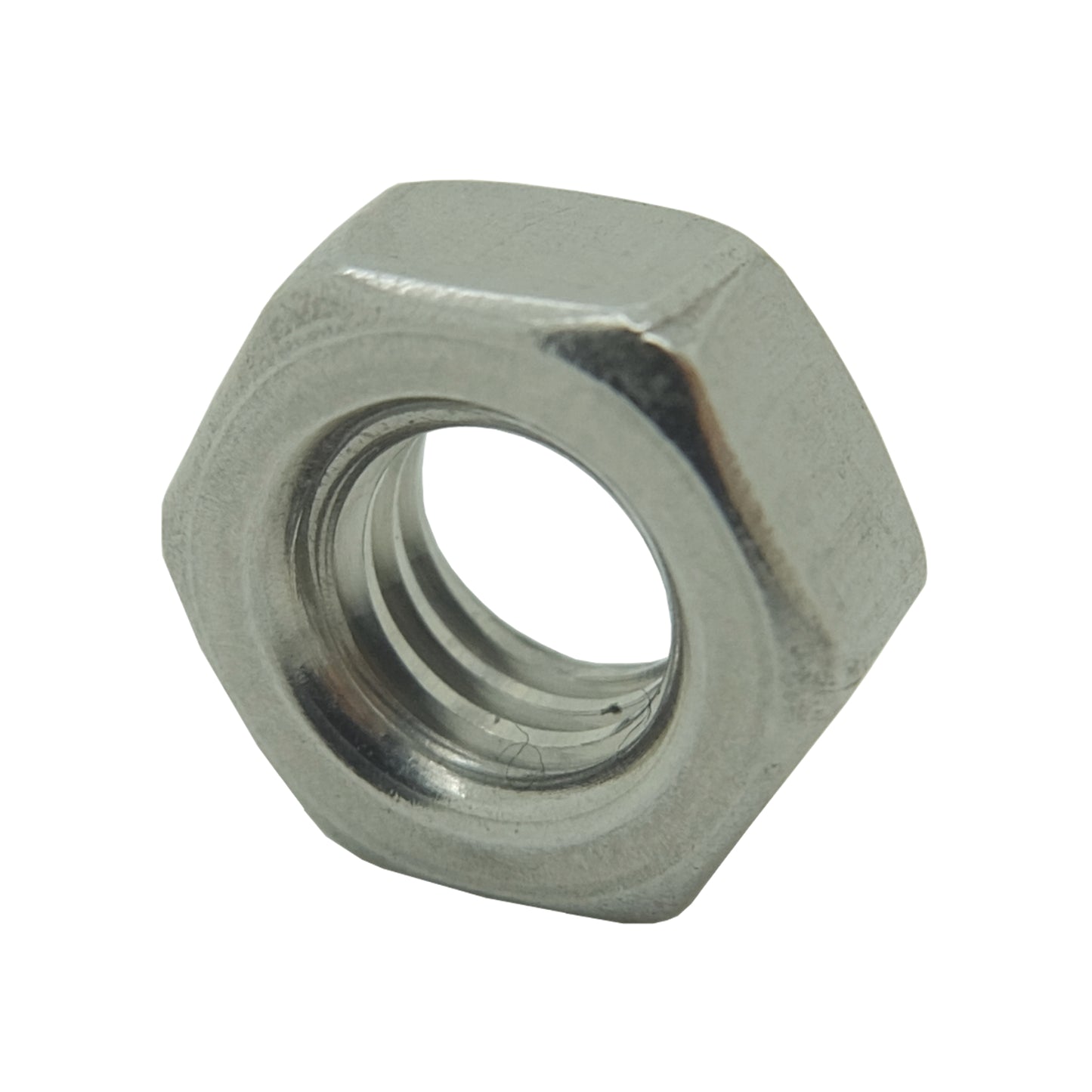 A stainless steel hexagon nut with a visible threaded interior.