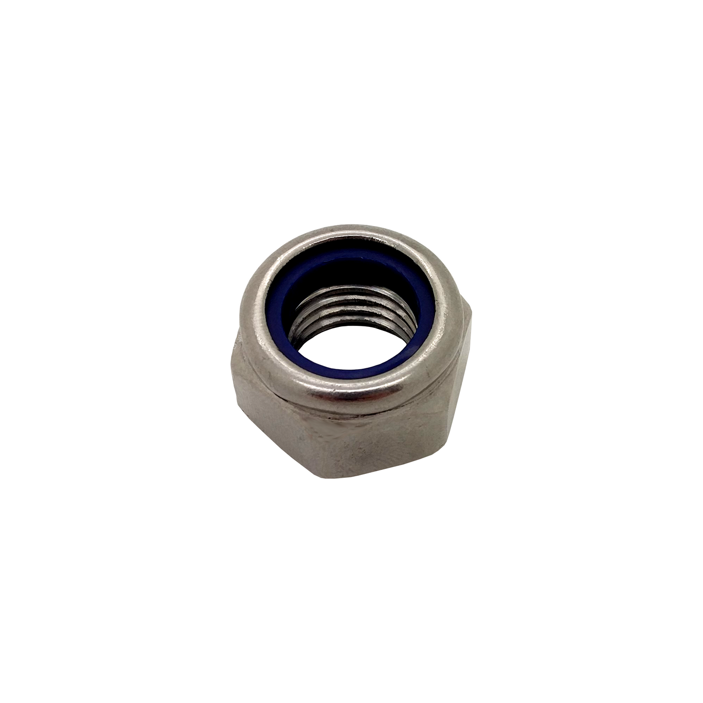 A stainless steel hexagon Nyloc lock nut with a blue nylon collar insert.