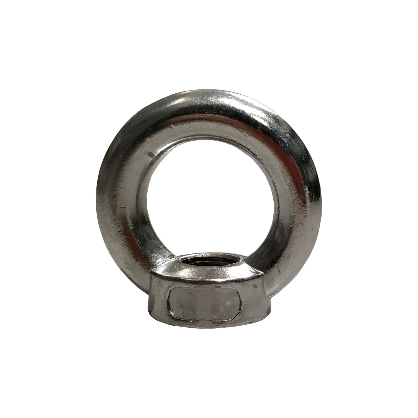 A stainless steel eyenut on a white background.