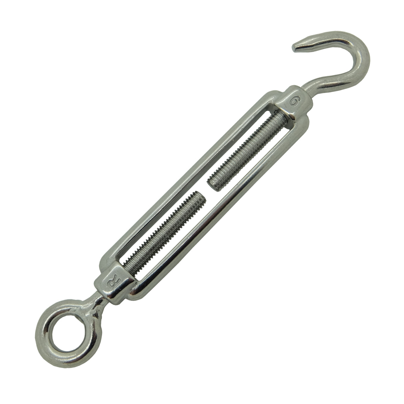 Stainless steel hook and eye turnbuckle with a visible screw mechanism on a white background.