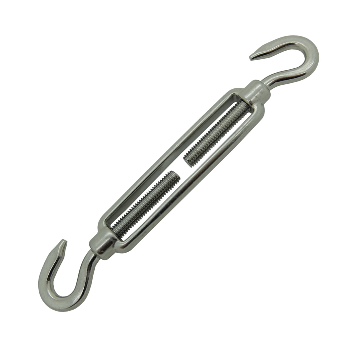 M8 A4-AISI 316 Stainless Turnbuckle Open Type Hook & Hook - 308.502.008 on a white background.
