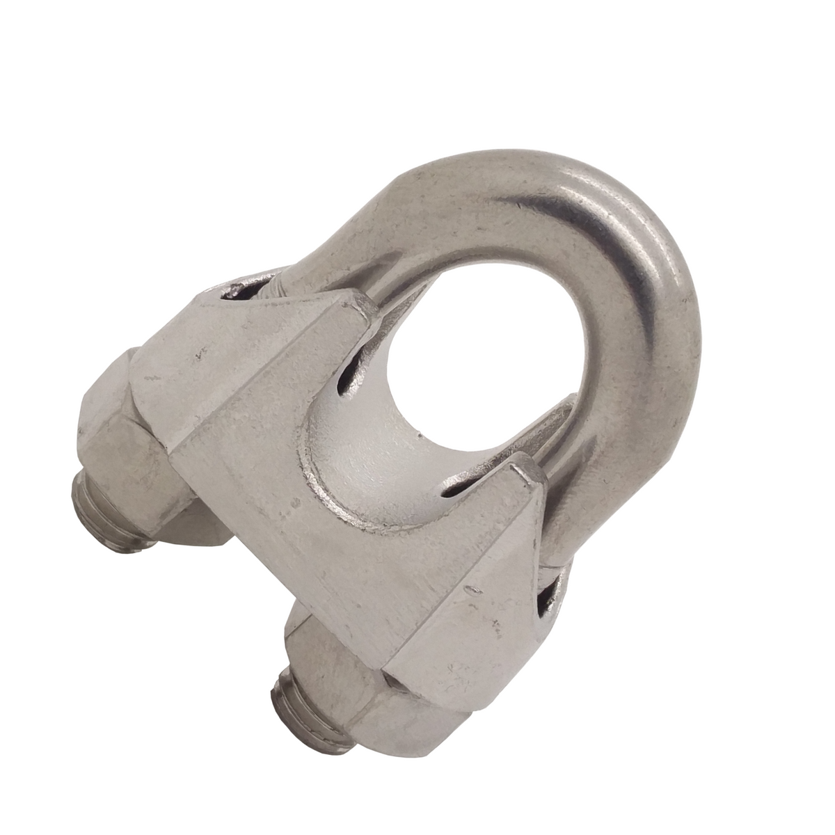 A stainless steel wire rope clip or grip with a polished finish, designed for securing or creating eyes in wire ropes, on a white background.