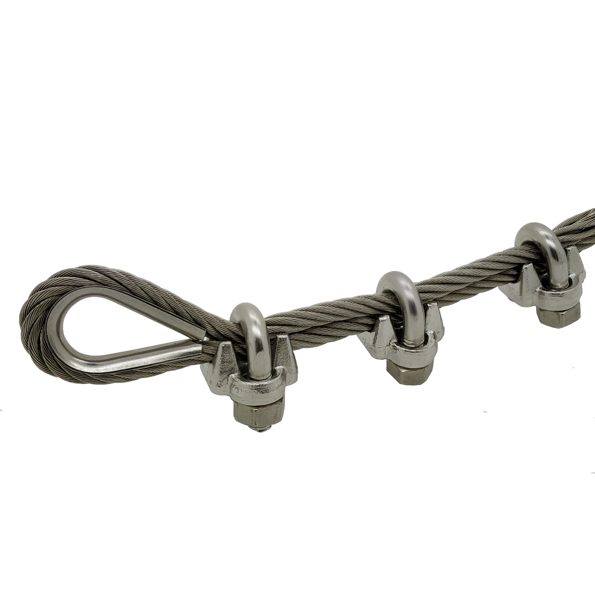Cable with thimble and wire rope clips on a white background.