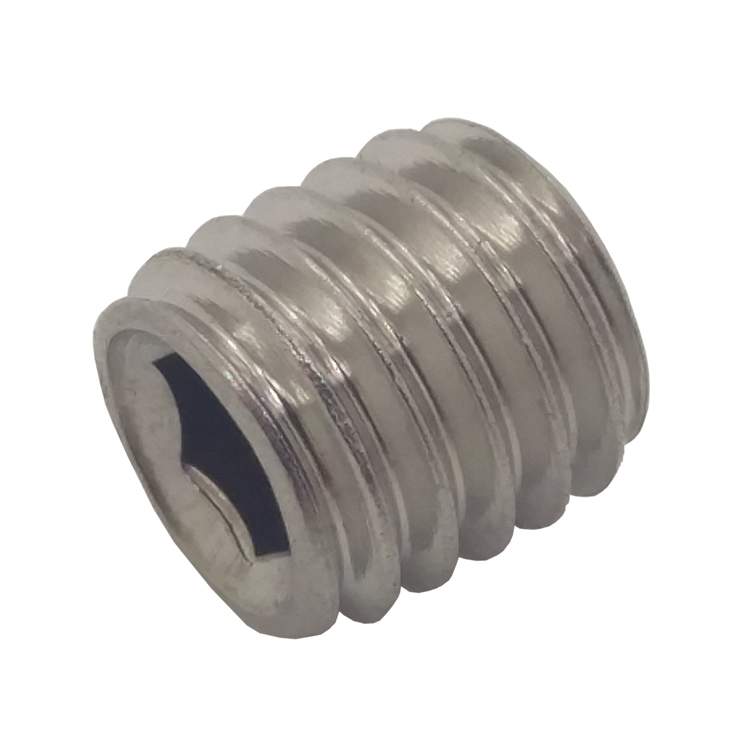 A silver-colored M8 cone point grub screw made of stainless steel.
