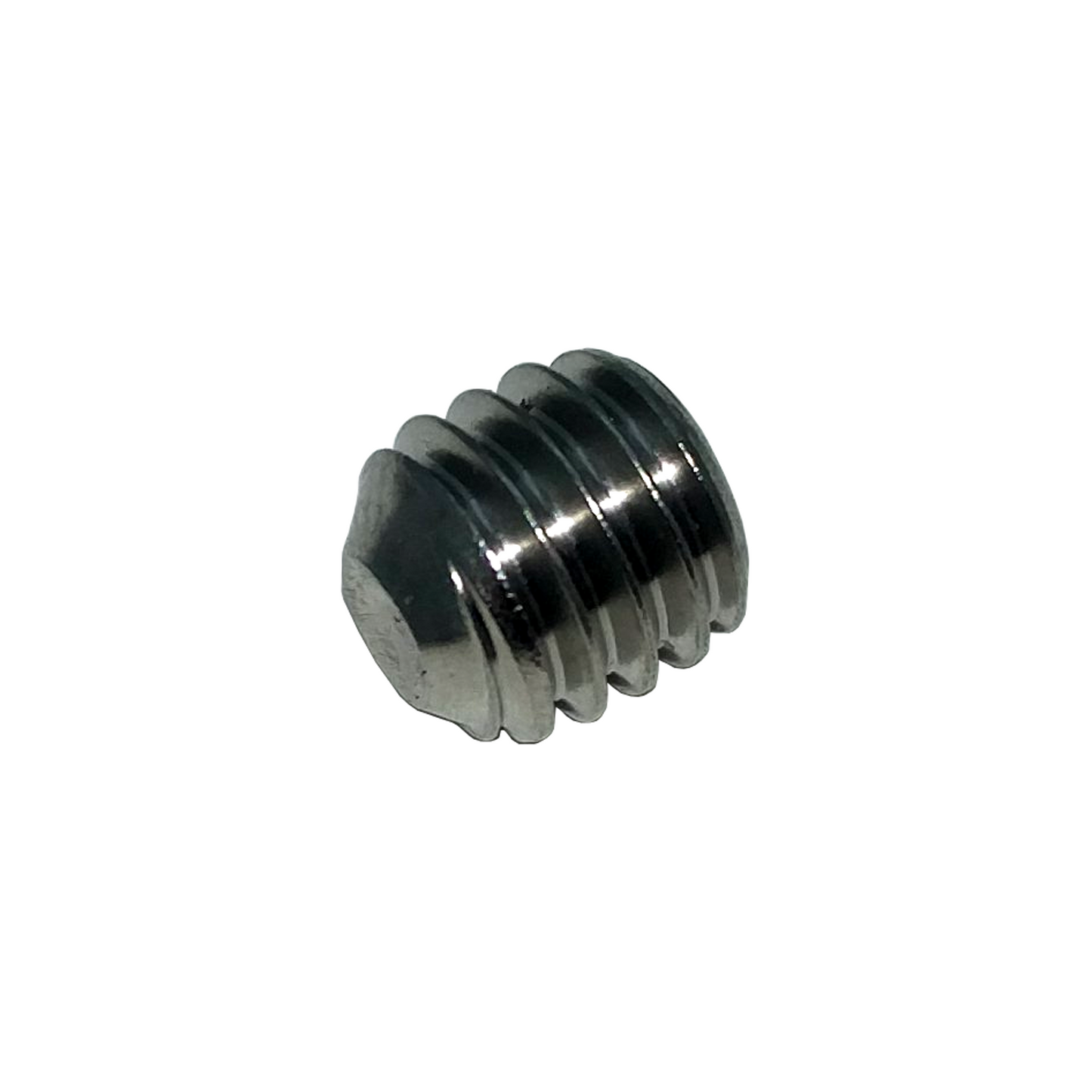 A stainless steel M6 x 6 DIN 916 socket set screw with a cup point.
