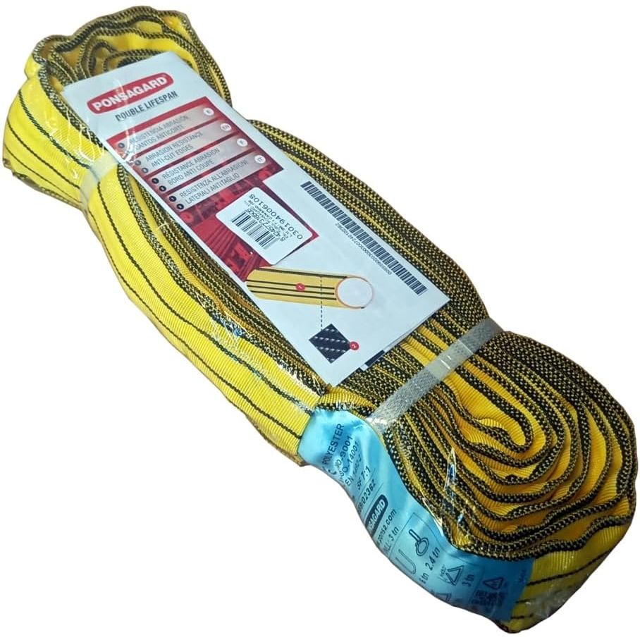 Ponsagard 3t yellow roundsling in packaging with a blue clip on a white background.