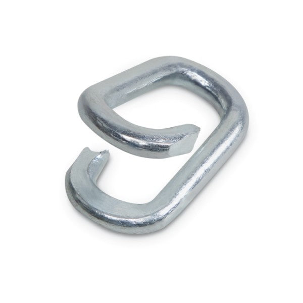 A single galvanized chain missing link against a white background.