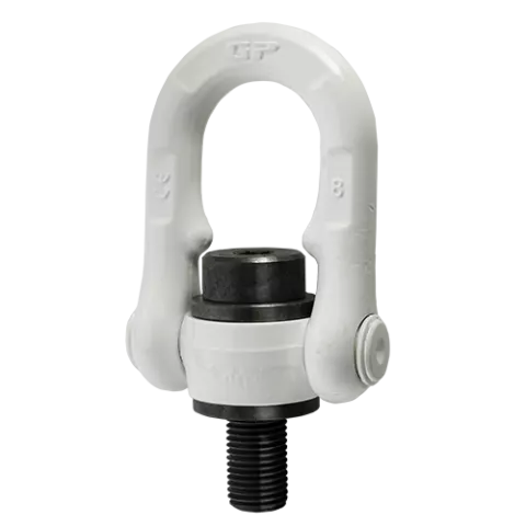 A Green Pin rotating hoist ring with ISO metric threads, featuring a white and black color scheme background.