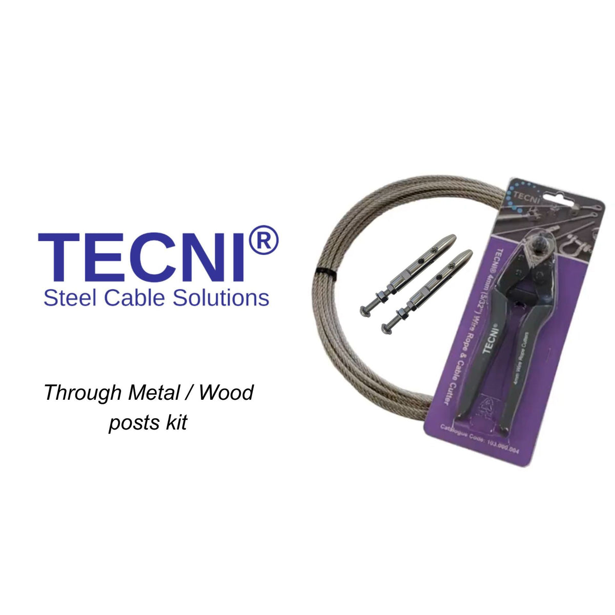Photo of the balustrade kit detailing what it is used for and TECNI Logo with cable cutter and cable