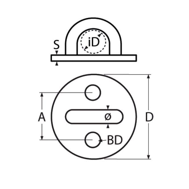 TECNI Black Stainless Steel round eye plate on a white background technical drawing