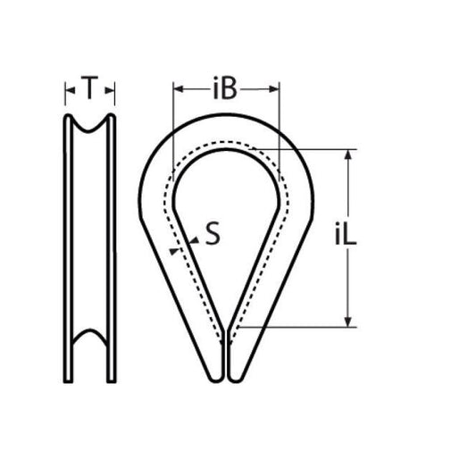 Technical drawing of a TECNI Black stainless steel wire rope thimble on a white background.