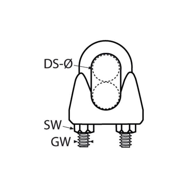 Technical drawing of a TECNI Black Stainless Wire rope grip on a white background