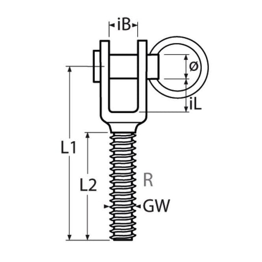 Technical drawing of a threaded jaw with labeled dimensions on a white background