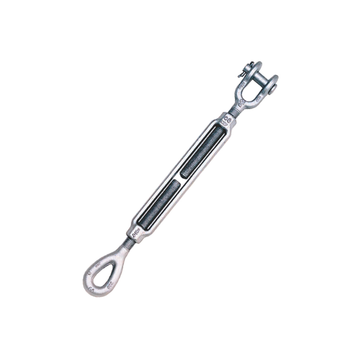 A Crosby HG-227 Jaw/Eye Galvanised Turnbuckle, on a white background.
