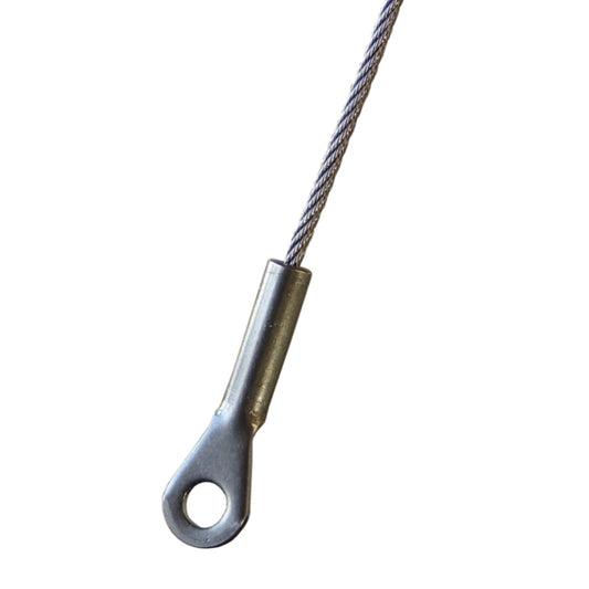 Photo of a cable which has a stainless steel eye terminal attached to the end on a white background.