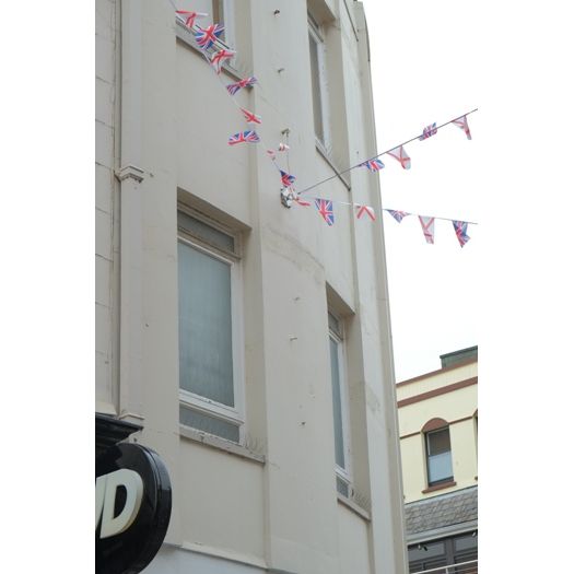 Stainless Steel & Galvanised Catenary System with union Jack flags in an exterior setting.