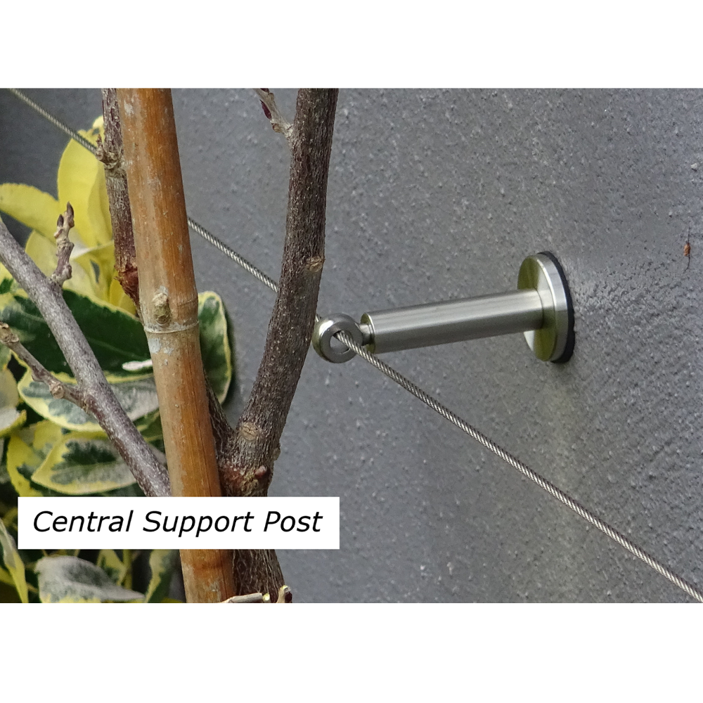 Close up photo of a trellis kit central support post with cable going through fitted into brick wall
