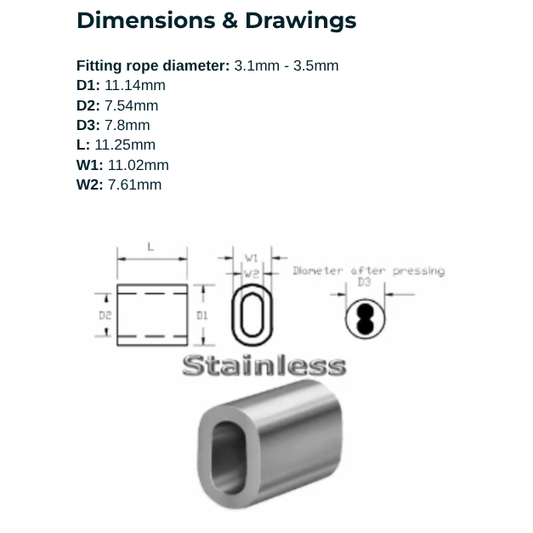 Technical drawing and dimensions of a stainless steel fitting with text on a white background