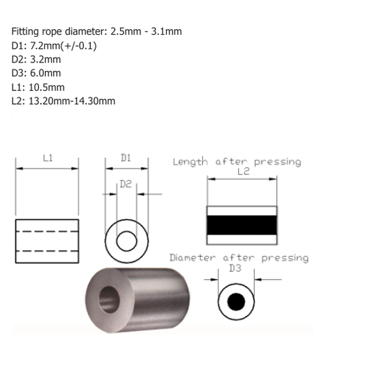 Technical drawing of TALURIT code 3 stop ferrule with dimensions and measurements along with realistic product photo on white background