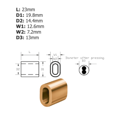 Product photo of a code 6.5 TALURIT copper ferrule under technical drawings showing different angles and dimension information, above showing measurements on a white background.