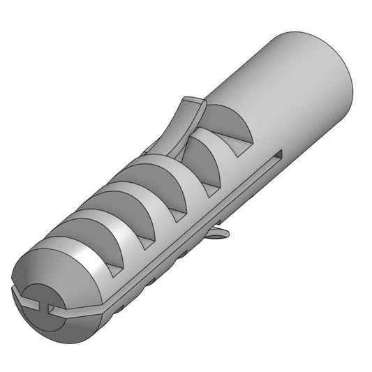 Computer aided drawing of a nylon wall plug on a white background showing different information about how the wall plug works.