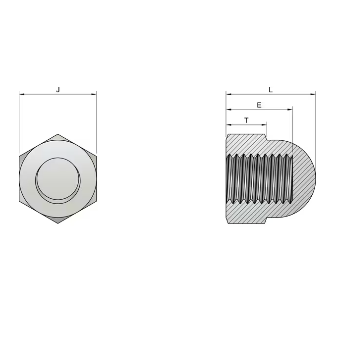 Technical drawing of a hexagonal dome nut with dimensions labeled on a white background