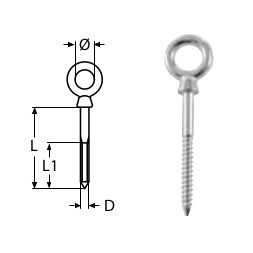8mm x 18mm i/d x 80mm A2-AISI 304 Stainless Steel Collared Eyebolt with Wood Thread - 208.271.208 .