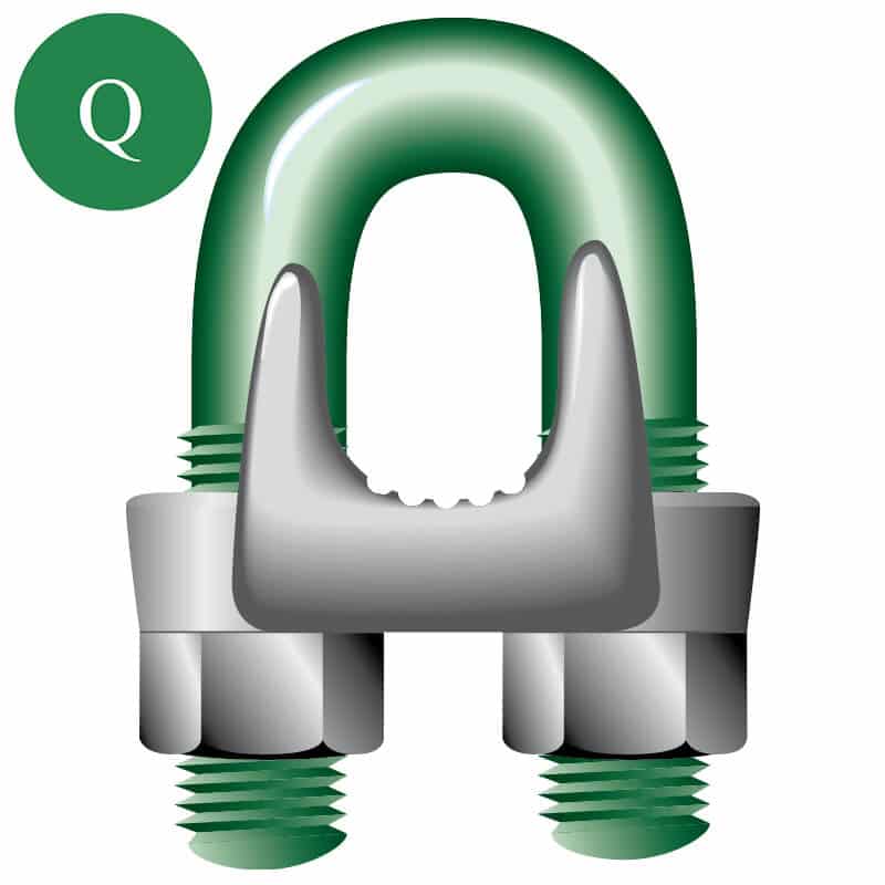 A wire rope grip with a green U-bolt and silver-colored nuts and washers.