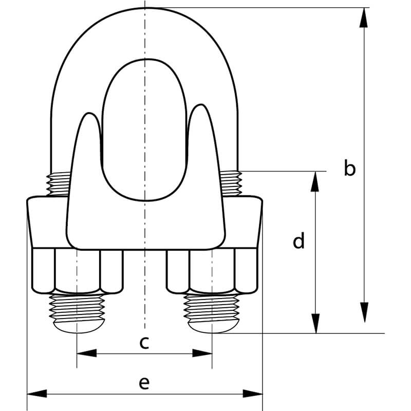 A technical drawing of a wire rope grip with dimensions on a white background.