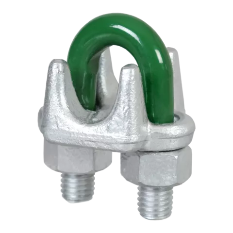 A silver wire rope grip with a green painted part and galvanized finish.