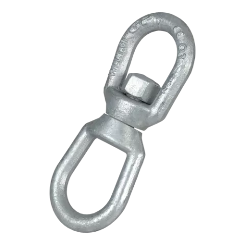 A silver-colored Green Pin G-7713 Eye and Eye Swivel, showing a swivel with eye-eye end-fittings, made from high tensile steel.