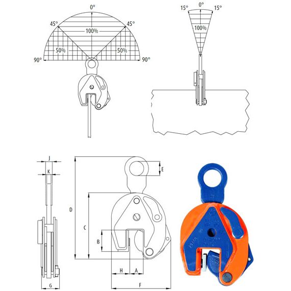 Technical drawing and dimensions of a Crosby Vertical Plate Clamp on a white background.