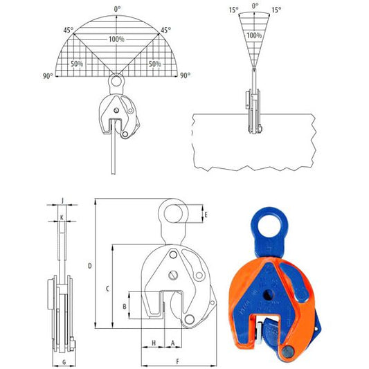 Technical drawing and dimensions of a Crosby Vertical Plate Clamp on a white background.