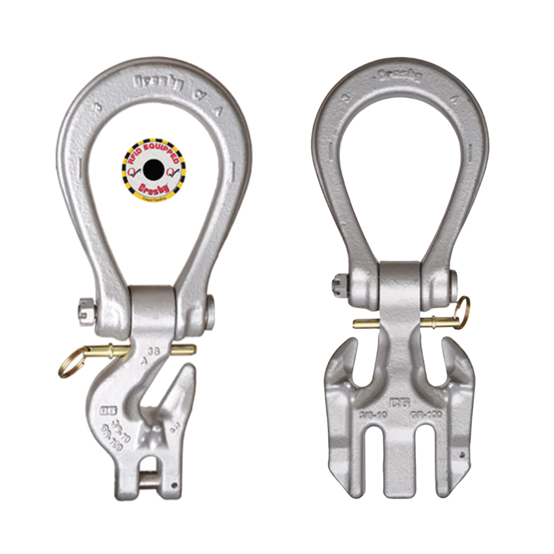 Crosby Eliminator System, consisting of a master link and a grab hook, made of silver varnished alloy steel, intended for lifting purposes.