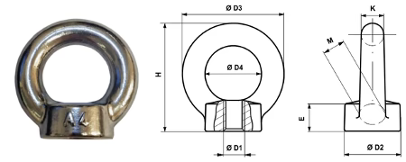 Metallic Eyenute on a white background with dimensional drawings. TECNI 106.051.