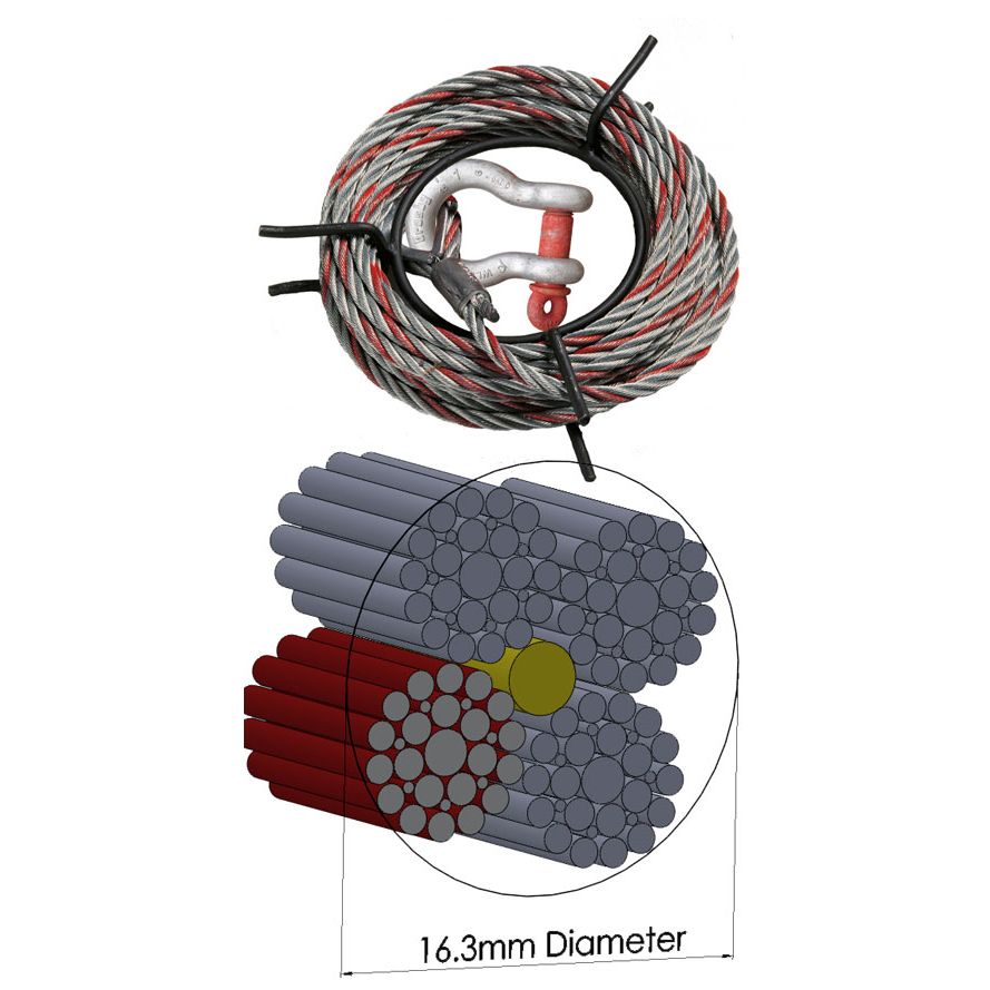 16.3mm Diameter Maxiflex Rope suitable for TU32 & T532 Tirfors with a close-up showing its structure and dimensions on a white background.