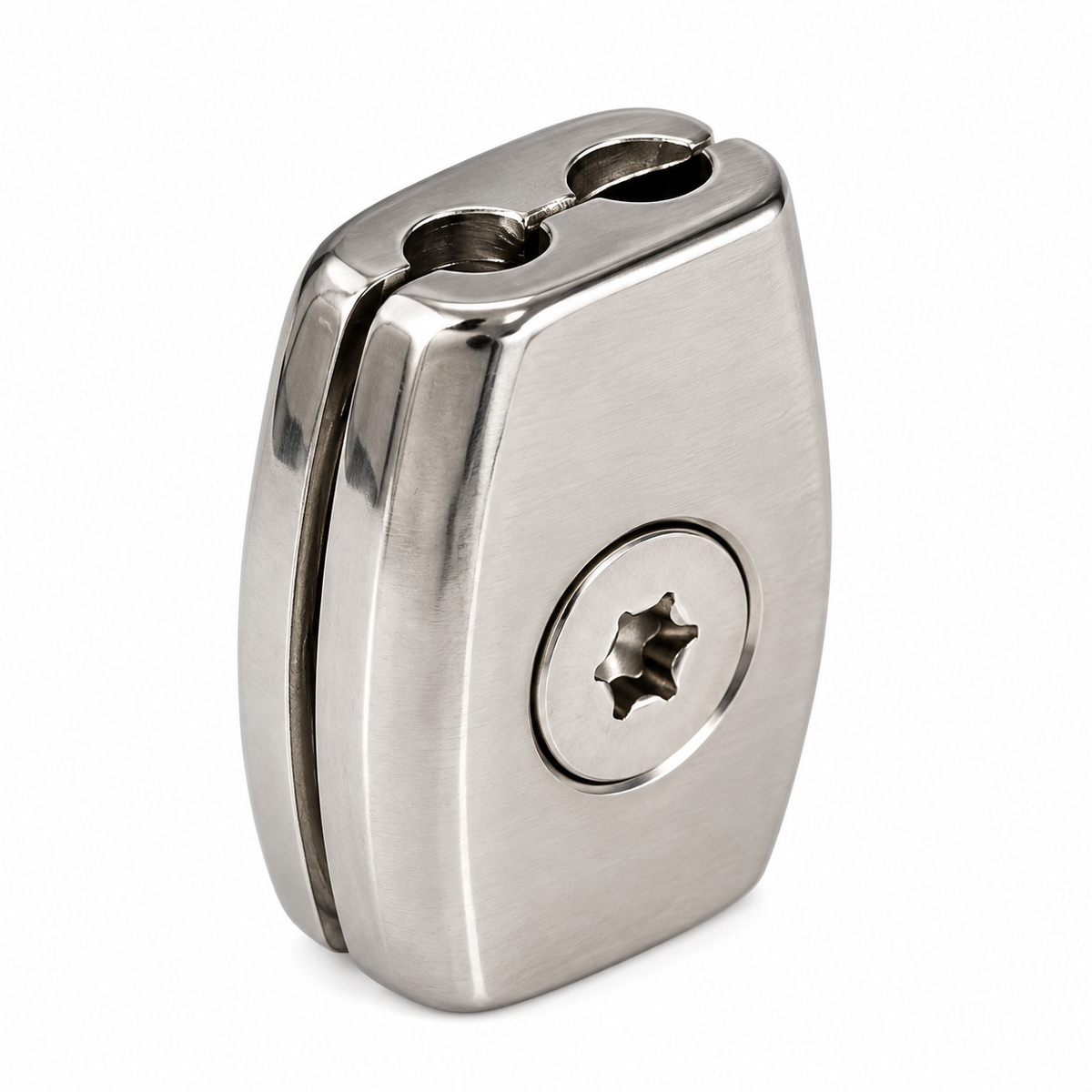 Photo of a singular stainless steel cable clamp on white background.