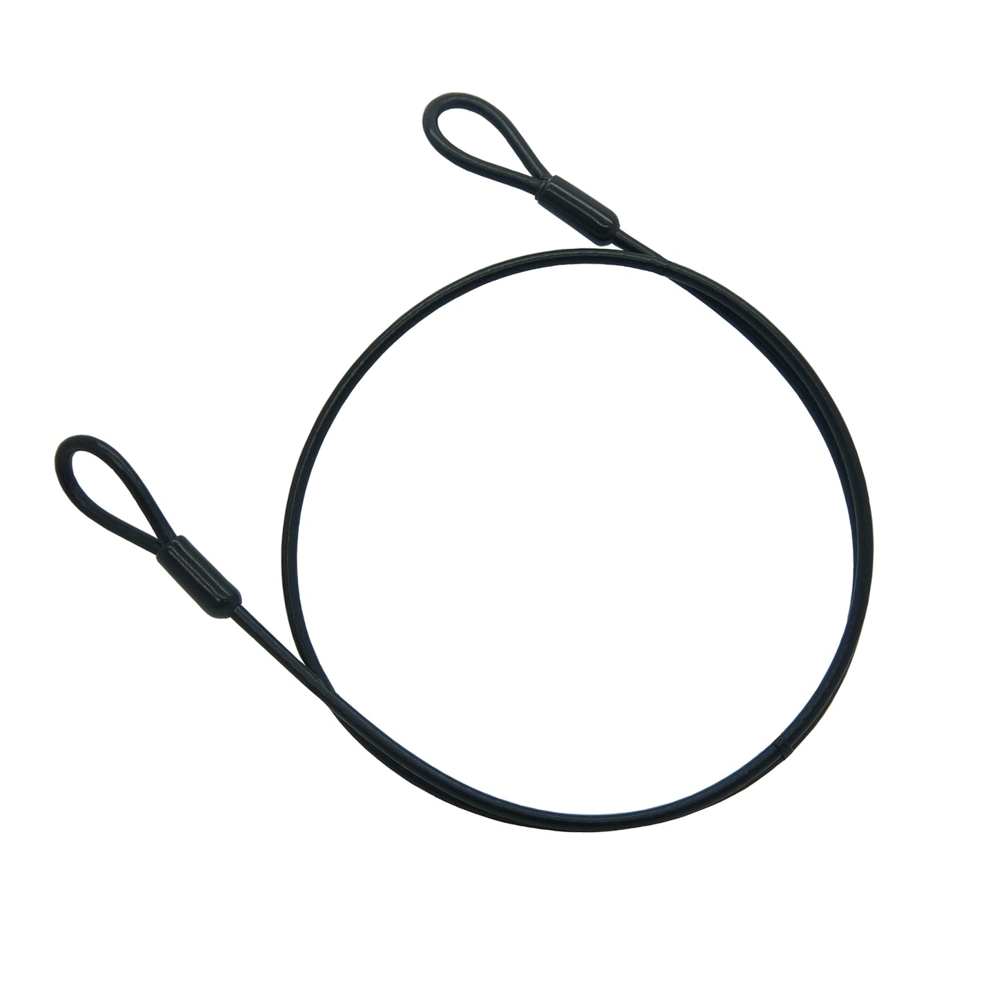A coiled black security cable with looped ends, designed to wrap around objects for added security on a white background.