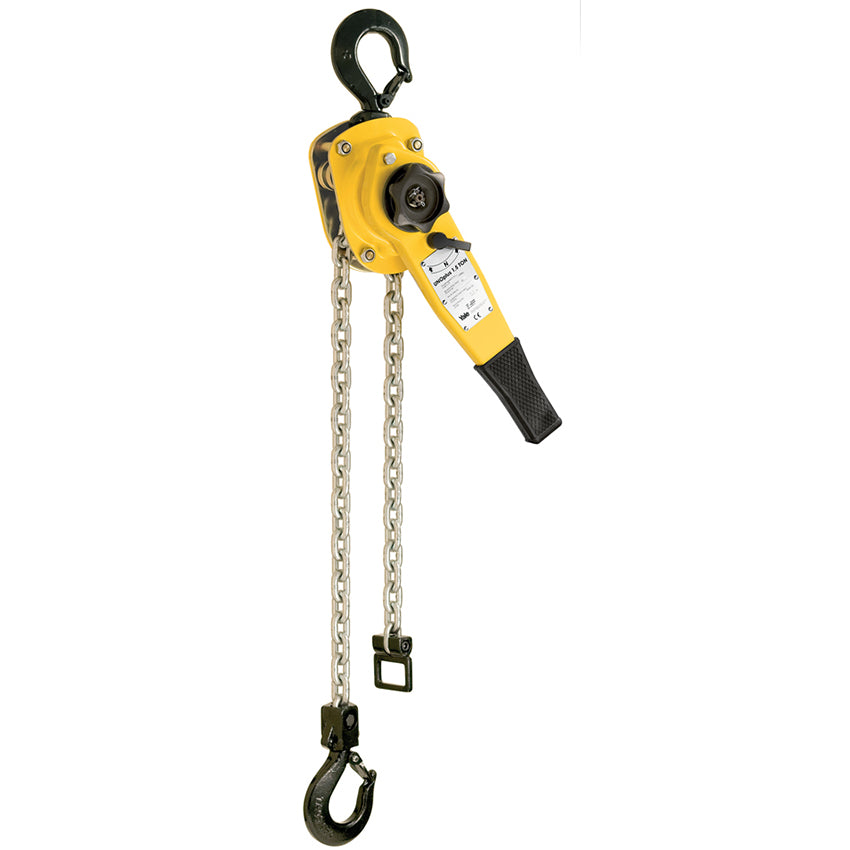 A Yale UNOplus Series A Ratchet Lever Hoist with a yellow body, black handle, and gray chain.