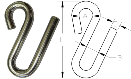 8mm x 75mm A4-AISI 316 Stainless Steel S Hook Long - 208.966.408