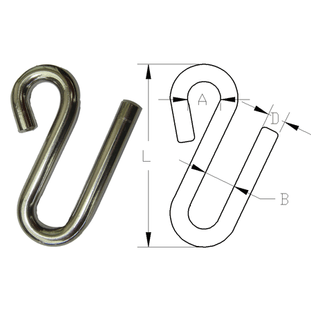 Technical drawing of a stainless steel S hook with dimensions, on a white background.