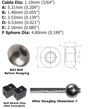 1.2mm (3/64") AISI 304 Stainless Steel Ball Terminal BA3-1.5 - 127.000.012 .