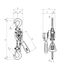 Technical drawing of a crane hook with dimensions labeled