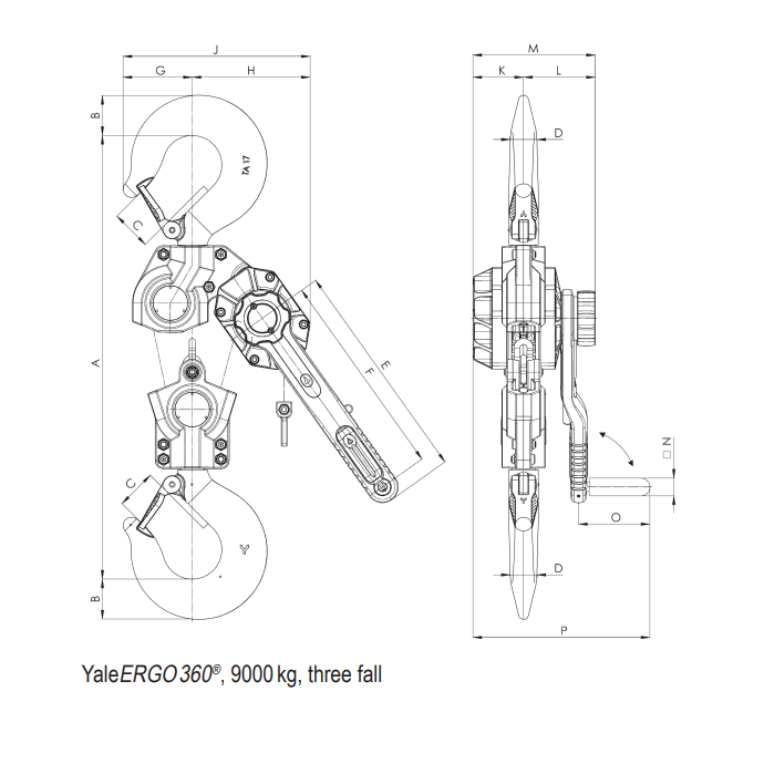 Technical drawing of a YaleERGO360 lifting device with dimensions labeled.