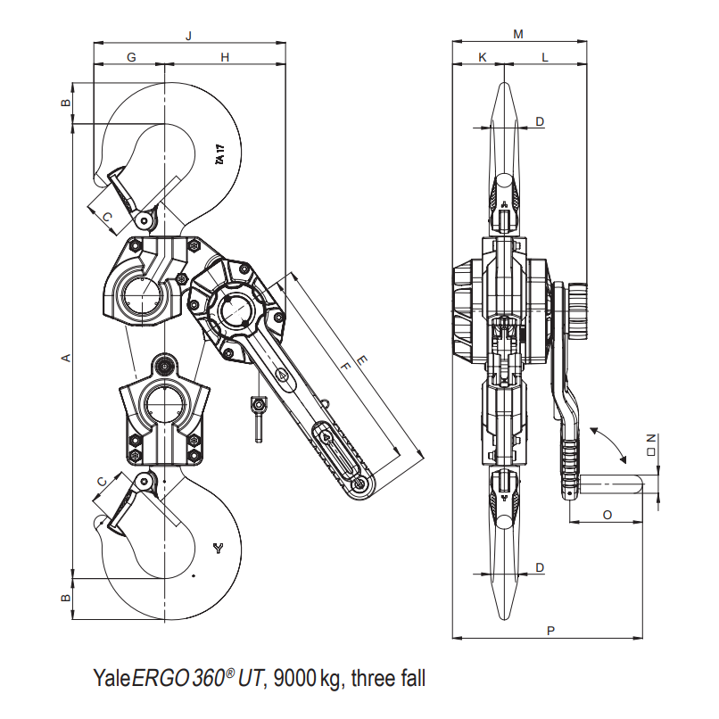 Technical drawing of a YaleERGO 360 UT crane hook with dimensions labeled.