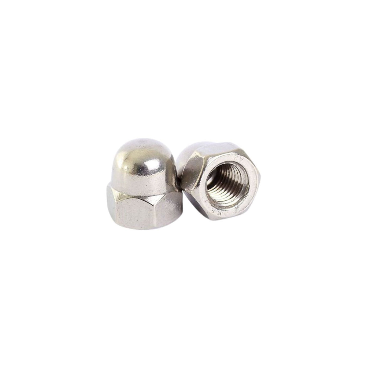 two metal dome nuts on a white background