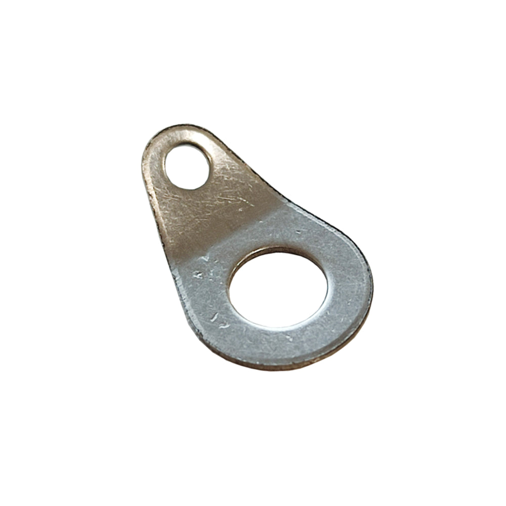 Photo of a singular stainless steel lanyard tab showing the different sized holes on a white backround.
